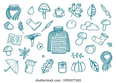 Set of contour vector hand-drawn autumn elements. Collection of isolated seasonal icons: scarf, leaves, mushrooms, berries, jam, sock, shoes, umbrella, tea, acorn, nut, candle, pear, apple, book.