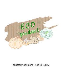 A set of contour vegetables from cabbage, pumpkins, potatoes on a background of a brown banner and inscriptions from organic products. Vector illustration
