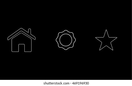 set of contour web icons: icons of house, settings, favorites. vector set of white house, settings and favorites contour icon on the background