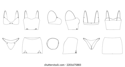 Set with a contour of women's clothing from black lines isolated on a white background. Front, side, back view. Women's panties, bra, skirt and top. 3D. Vector illustration.