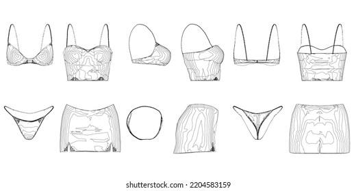 Set with a contour of women's clothing from black lines isolated on a white background. Front, side, back view. Women's panties, bra, skirt and top. 3D. Vector illustration.