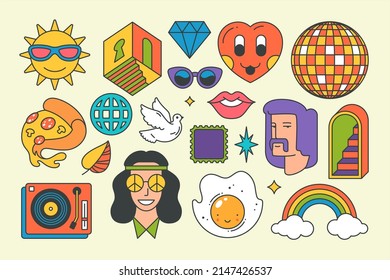 Set contoured abstract multicolored hippie elements pop art groovy style t shirt print design vector cartoon illustration. Collection bright hipster, pigeon, peace sign, rainbow, pizza sticker