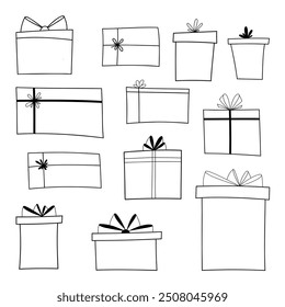 Un conjunto de cajas de regalo contorneadas en blanco y negro con arcos. Elementos aislados para las vacaciones. Regalos para la decoración, decoración, diseño. Una Ilustración vectorial dibujada a mano.