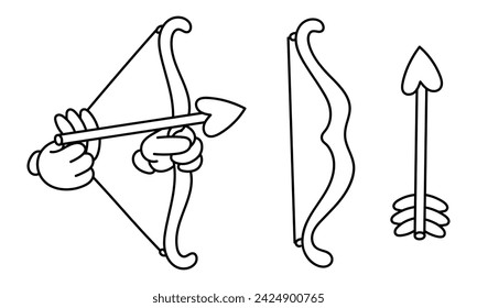 Conjunto de arco contorneado y flechas con corazones, Cupido dispara en estilo retro. Una colección con las flechas de Cupido. Ilustración vectorial sobre un fondo blanco para el día de San Valentín. Elementos aislados