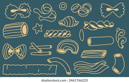 Set of contoured pasta of various shapes. A collection of vector illustrations suitable for the visual design of Italian cuisine. Design and culinary projects. Many types of pasta in a row on the blue