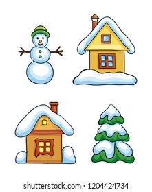 Set of contoured winter icons of two houses, snowman and fir tree