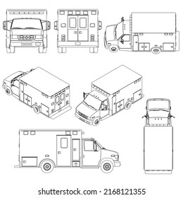 Con contornos de ambulancia de líneas negras aisladas en un fondo blanco. Vista lateral, isométrica, frontal, posterior, superior. 3 D. Ilustración vectorial.