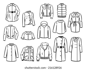 Set of contours of autumn jackets and raincoats isolated on white background
