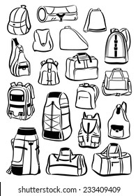 Set of contours of backpacks and bags isolated on white background