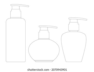 Fijado con contornos de botellas para jabón líquido de líneas negras Aislado sobre un fondo blanco. Ilustración del vector