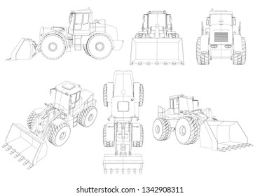 Set with contours of the bulldozer. 3D. Black line bulldozer isolated on white background. Bulldozer from different angles. Vector illustration