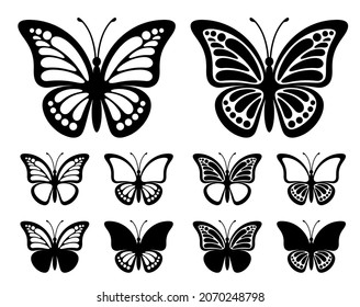 Set of contours of butterflies with monarch wings isolated on a white background. Silhouette of butterfly is perfect for stickers, icons, business cards and gift certificates