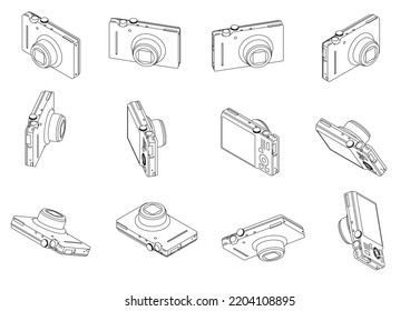 Set with the contours of the camera in different positions from black lines isolated on a white background. 3D. Vector illustration.