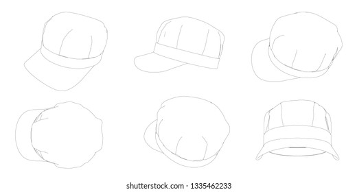 Set with contours of caps with a peak. Caps with different types of black lines. Vector illustration