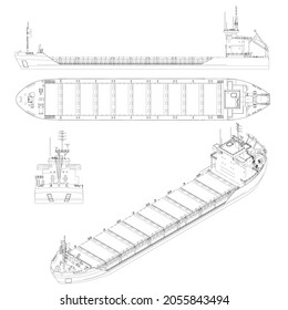 Set with the contours of a cargo ship for containers from black lines isolated on a white background. Side view, top, front, isometric. Vector illustration