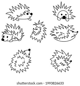 Set of contours of cute hedgehogs in various poses, thorny animals top and side view for design and creativity vector illustration