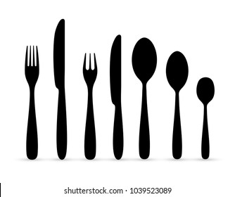 Set of the contours of the cutlery. Ready to use elements. Spoon, knife, forks. Vector illustration. Isolated on white background.