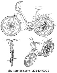 Set with the contours of the detailed bike from black lines, Isolated on white background. Front, side, isometric view. Vector illustration.