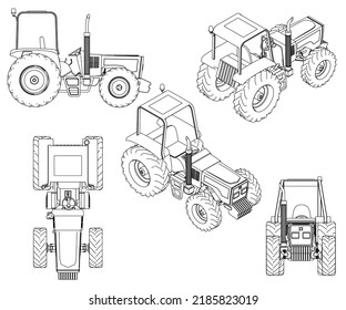Set with contours of a detailed tractor from black lines isolated on a white background. Front, side, isometric, top view. Vector illustration.