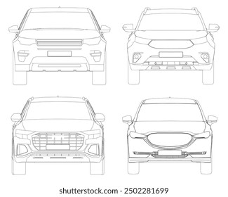 Satz von Konturen verschiedene Modelle von Autos. Illustration im flachen Vektorstil. Vektorgrafik des Vorderwagens