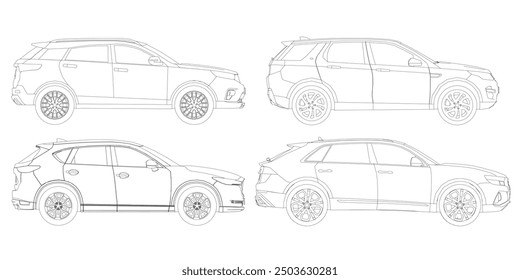 Set of contours different models of cars. Vector flat style illustration. Side view car vector illustration