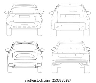 Set of contours different models of cars. Vector flat style illustration. Back view car vector illustration