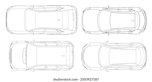 Conjunto de contornos de diferentes modelos de coches. Ilustración de estilo plano de Vector. Vista superior de la Ilustración vectorial del coche.