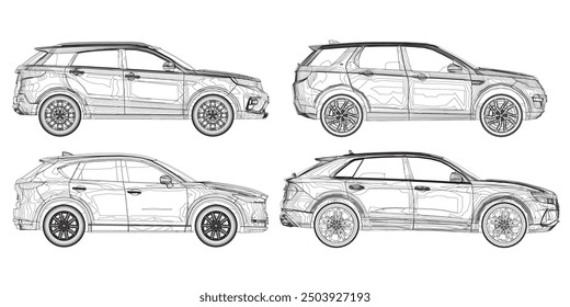 Set of contours different models of cars. Vector flat style illustration. Side view car vector illustration