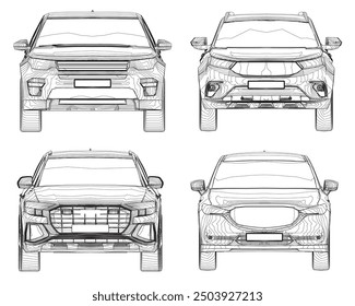 Set of contours different models of cars. Vector flat style illustration. Front view car vector illustration