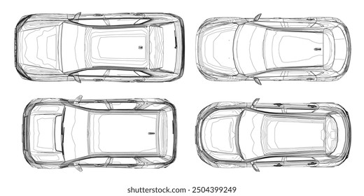 Set of contours different models of cars. Vector flat style illustration. Top view car vector illustration.