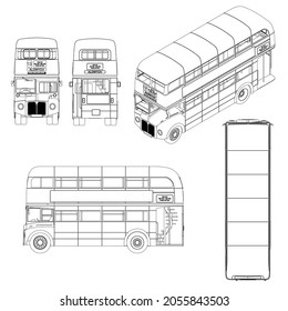 Set with the contours of a double-decker retro English bus from black lines isolated on a white background. Front, back, side, top, isometric view. Vector illustration