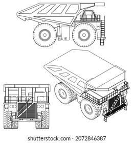 Set with the contours of a dump truck from black lines isolated on a white background. Side view, front, isometric. Vector illustration