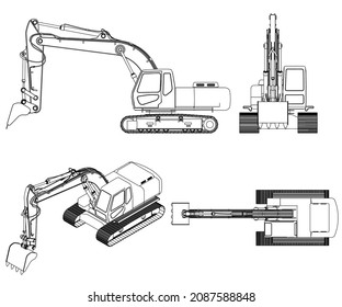 Set with the contours of the excavator from black lines Isolated on white background. Side, front, top, isometric view. Vector illustration