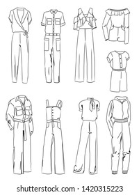 Set of contours of fashionable women's overalls, different styles, isolated on a white background.
