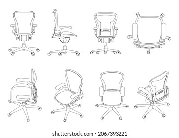 Set with the contours of a gaming chair from black lines isolated on a white background. Isometric view, side, top, front. Vector illustration