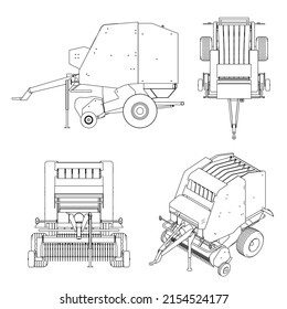 Set with contours of harvesting equipment from black lines isolated on white background. Trailer for harvesting machine. Top view, isometric, front, side. Vector illustration.