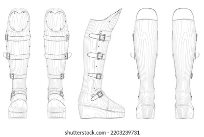 Set with contours of high boots with clasps from black lines isolated on white background. Front, side, back view. Vector illustration.