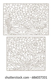 Set of contours of illustrations in style of a stained-glass window with landscapes, the desert with cactuses and the river with mountains 