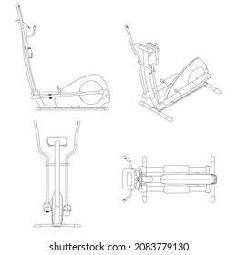 Set with the contours of the jogging machine from black lines Isolated on white background. Front, side, isometric, top view. Vector illustration