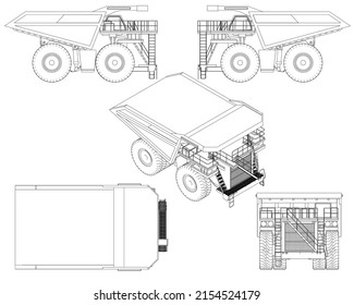 Set with contours of a large truck from black lines isolated on a white background. Isometric view, side, front, top. Vector illustration.