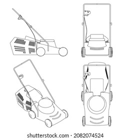 Set with contours of a lawn mower from black lines isolated on a white background. Side view, front, isometric, top. Vector illustration