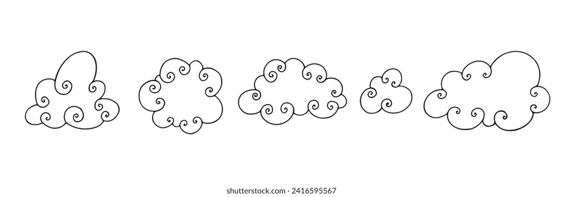 Un conjunto de contornos, esbozos lineales de nubes. Gráficos vectoriales.