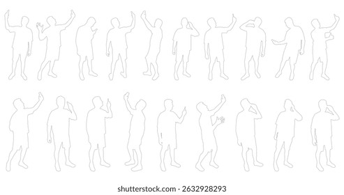 Set of contours. Man with phone. Person taking selfie with smartphone and talking by mobile. Vector illustration.