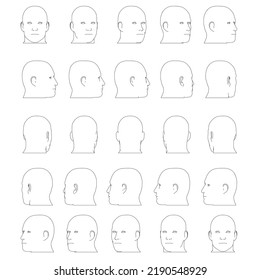 Set with contours of a man's head in different positions from black lines isolated on a white background. The head turns fifteen degrees. Vector illustration.