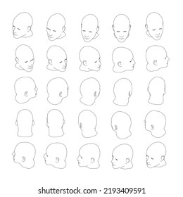 Set with contours of a man's head in different positions from black lines isolated on a white background. The head turns fifteen degrees. Isometric view. Vector illustration.