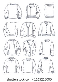 Set of contours of men's sweaters, different models for autumn and winter, isolated on white background