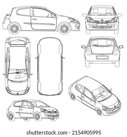 Set with the contours of a passenger car from different types of black lines isolated on a white background. Isometric view, side, front, back, bottom. Vector illustration.