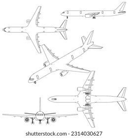 Set with the contours of a passenger plane in different positions from black lines Isolated on a white background. Five airplane contours. Vector illustration.