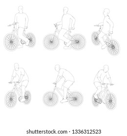 Set with contours of a person on a bicycle in different positions. The contours of a man sits and rides a bicycle. Vector illustration