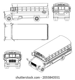 Set with the contours of the school bus from black lines Isolated on white background. Side view, top, front, back, isometric. Vector illustration